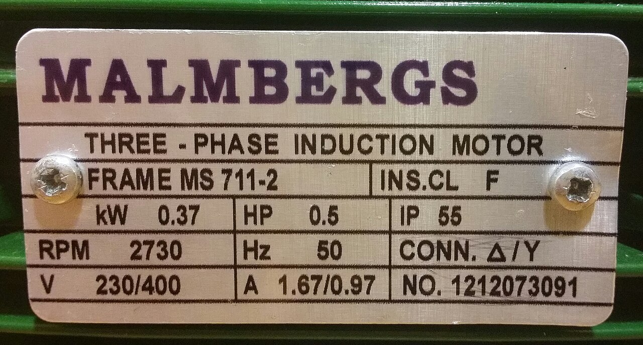 Real Malmbergs induction-motor nameplate with frame MS 711-2, number 1212073091, 0.37 kW power, 230/400 V and IP 65.